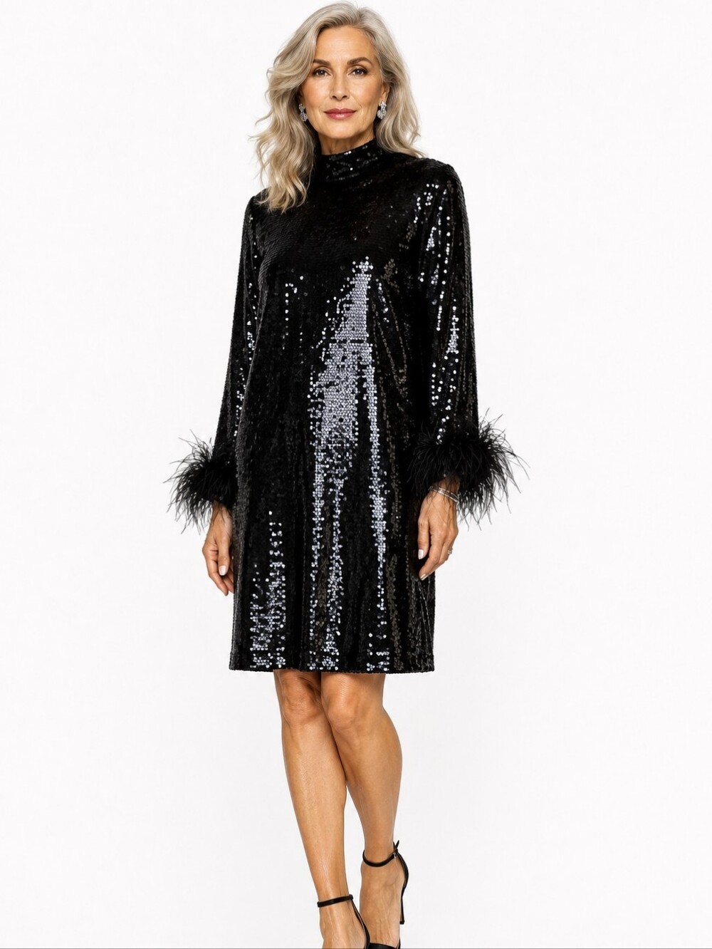UNGARO Mackenzie Black Sequin‎ Feather Shift Dress. Sz M. NWT MSRP $695